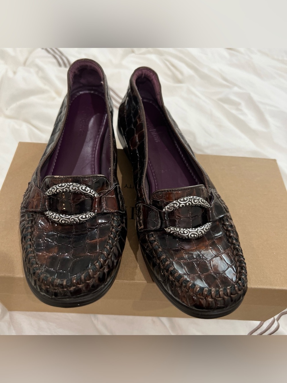 Women's Croc-Embossed Leather Loafers with Silver Buckle - Dark Brown. Brighton